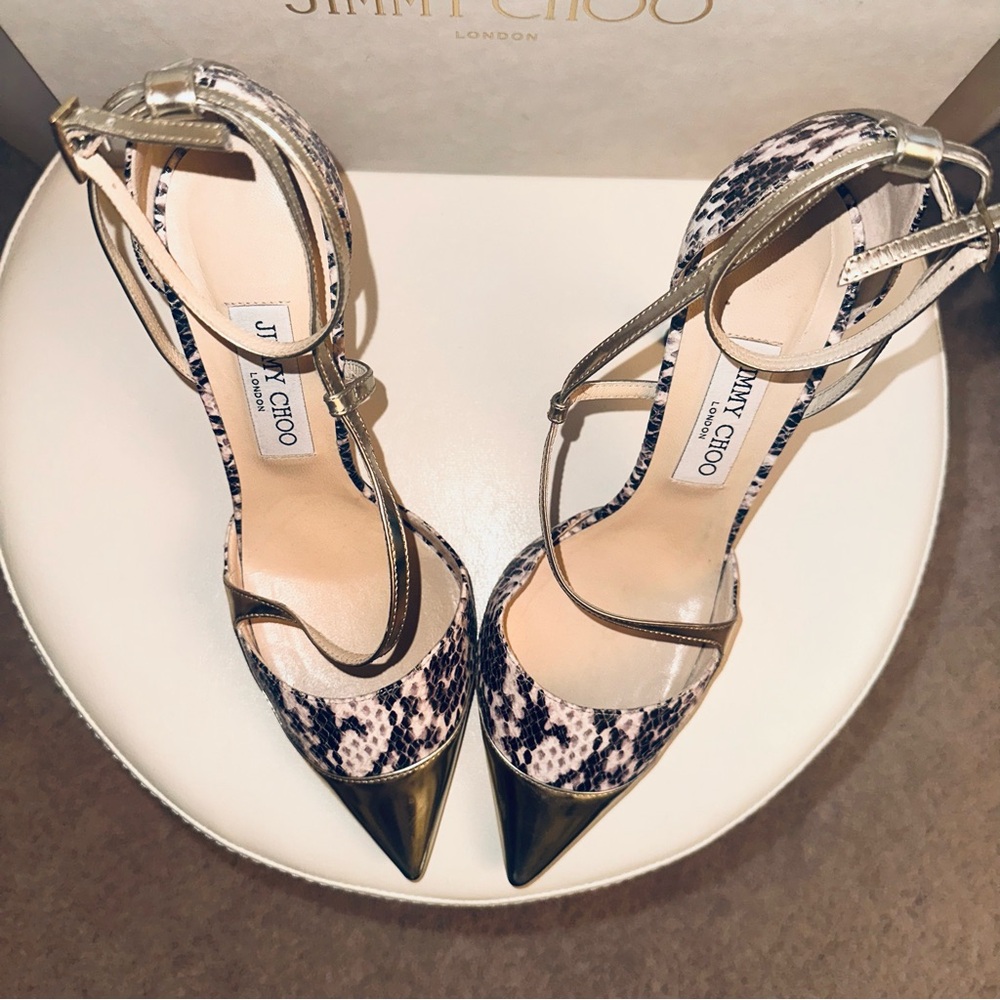 Jimmy Choo Metallic Gold and Snake Print Pointed Toe Heels - Picture 2 of 7